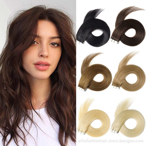 Hot sells high quality No any split ends Double drawn Silky straight tape hair extensions Tape in Hair Extensions tape weft hair